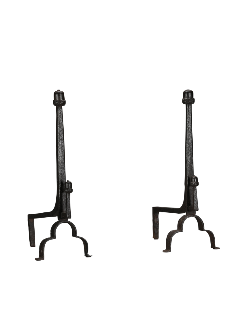Maison Leon Van den Bogaert Exceptional 15th-Century Pair of Wrought Iron Andirons with Acorn Finials  Long Title
