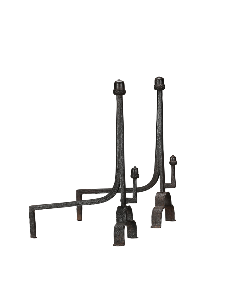 Maison Leon Van den Bogaert Exceptional 15th-Century Pair of Wrought Iron Andirons with Acorn Finials  Long Title