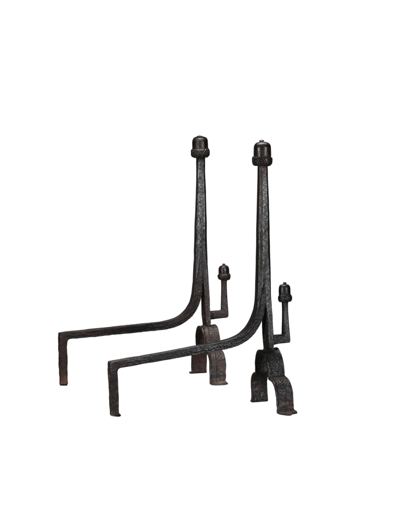 Maison Leon Van den Bogaert Exceptional 15th-Century Pair of Wrought Iron Andirons with Acorn Finials  Long Title