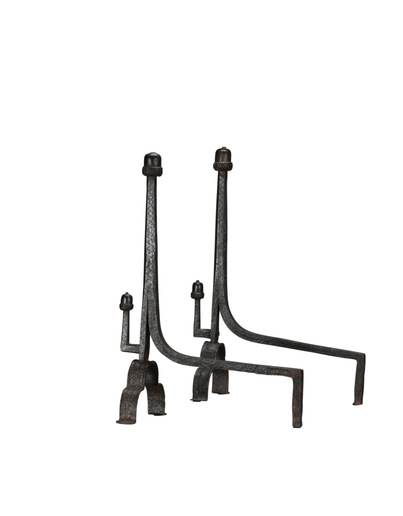 Maison Leon Van den Bogaert Exceptional 15th-Century Pair of Wrought Iron Andirons with Acorn Finials  Long Title