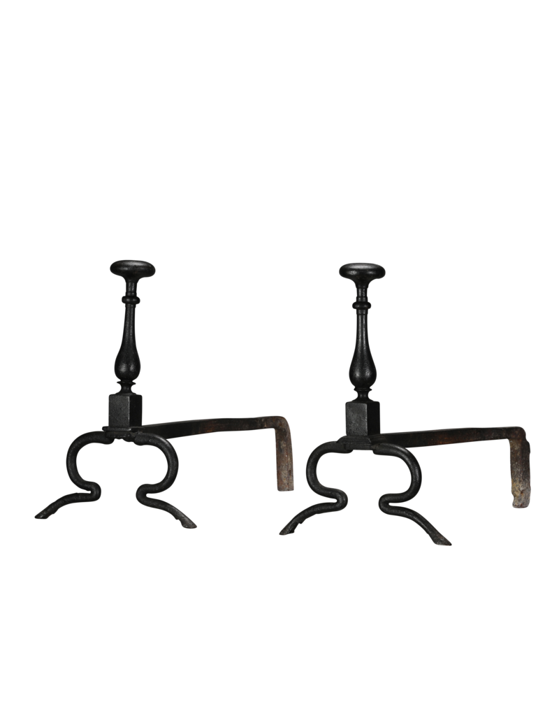 Maison Leon Van den Bogaert Exceptionally Rare 17th Century Pair of Wrought Iron Andirons from a Historic Hunting Lodge with Forged Deer Hoof Feet