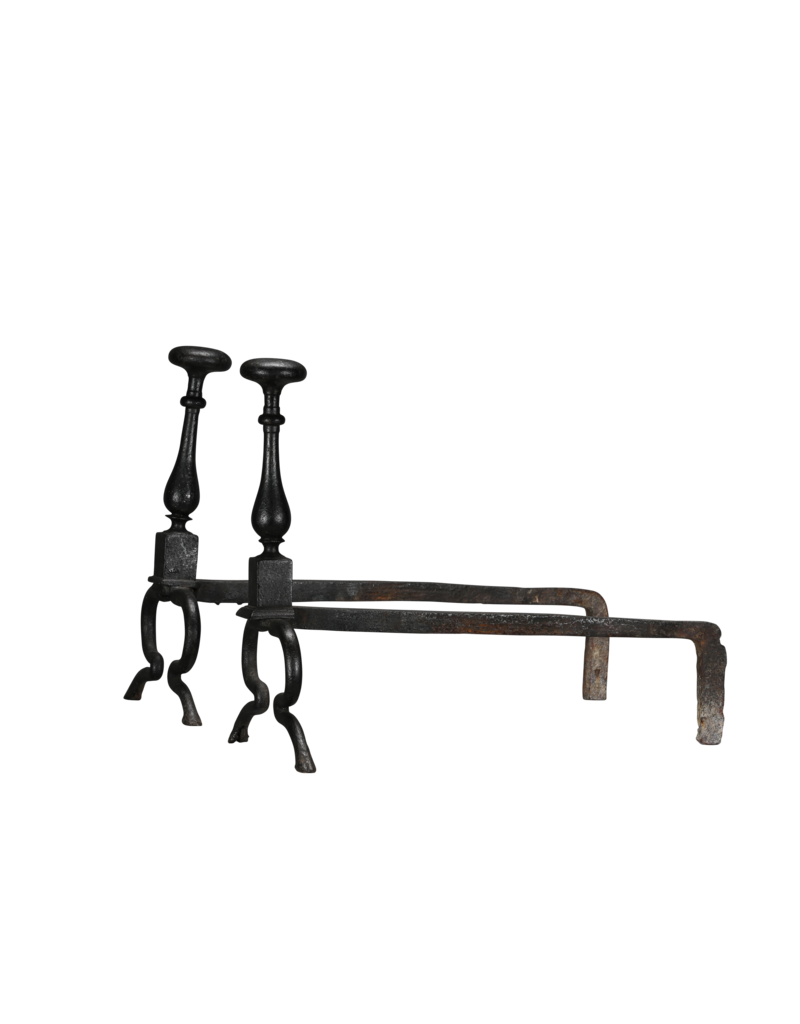 Maison Leon Van den Bogaert Exceptionally Rare 17th Century Pair of Wrought Iron Andirons from a Historic Hunting Lodge with Forged Deer Hoof Feet