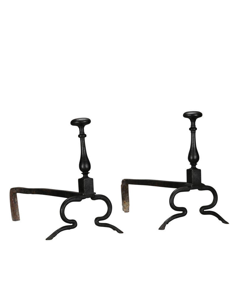 Maison Leon Van den Bogaert Exceptionally Rare 17th Century Pair of Wrought Iron Andirons from a Historic Hunting Lodge with Forged Deer Hoof Feet