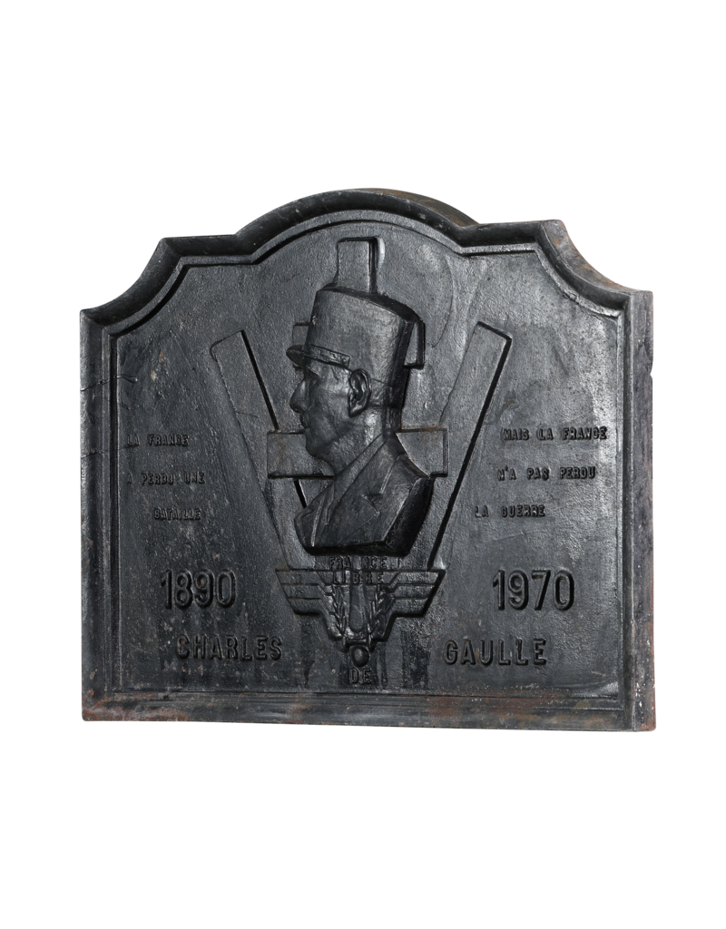 Monumental Cast Iron Fireplace Plate Honouring Charles de Gaulle (1890–1970) – France Libre Commemorative Plaque