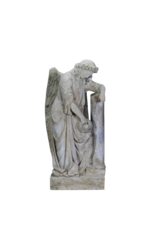 Rare 19th Century Tomb Guardian Mourning Angel Sculpture – Antique Figure Leaning on Stele with Wreath, Symbol of Remembrance & Eternal Rest