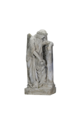 Rare 19th Century Tomb Guardian Mourning Angel Sculpture – Antique Figure Leaning on Stele with Wreath, Symbol of Remembrance & Eternal Rest