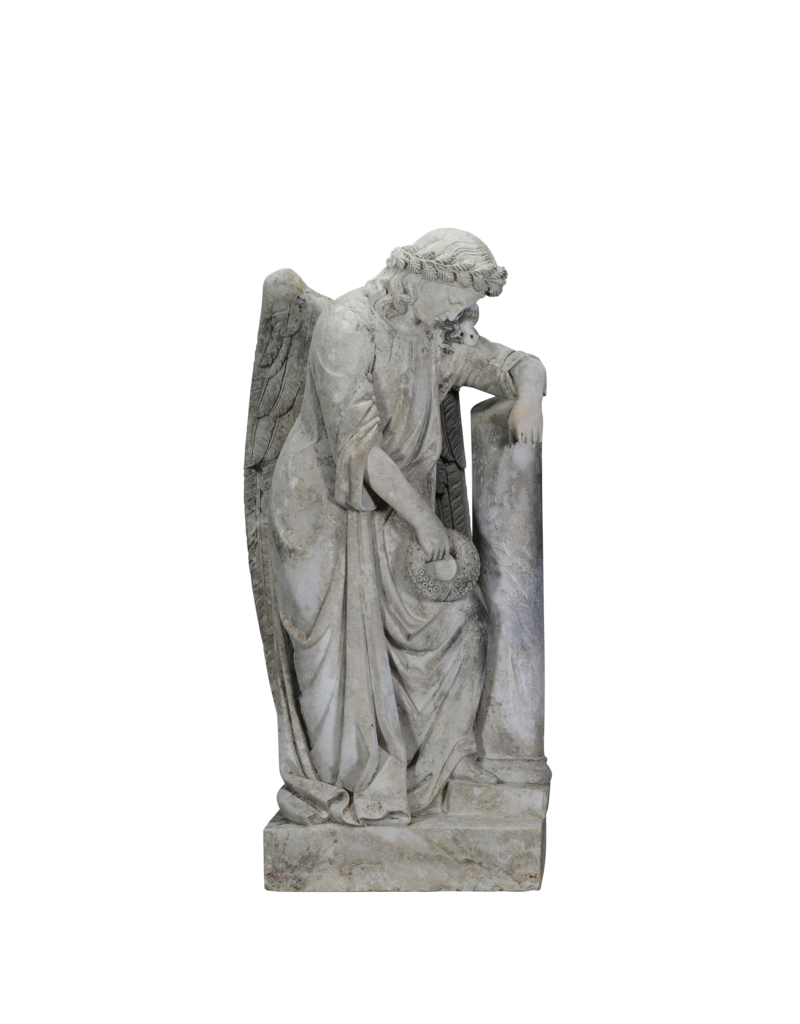 Rare 19th Century Tomb Guardian Mourning Angel Sculpture – Antique Figure Leaning on Stele with Wreath, Symbol of Remembrance & Eternal Rest