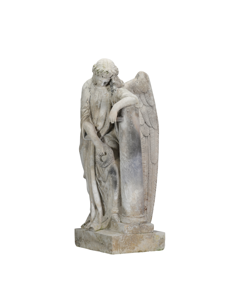 Rare 19th Century Tomb Guardian Mourning Angel Sculpture – Antique Figure Leaning on Stele with Wreath, Symbol of Remembrance & Eternal Rest