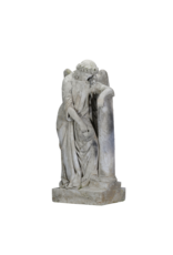 Rare 19th Century Tomb Guardian Mourning Angel Sculpture – Antique Figure Leaning on Stele with Wreath, Symbol of Remembrance & Eternal Rest