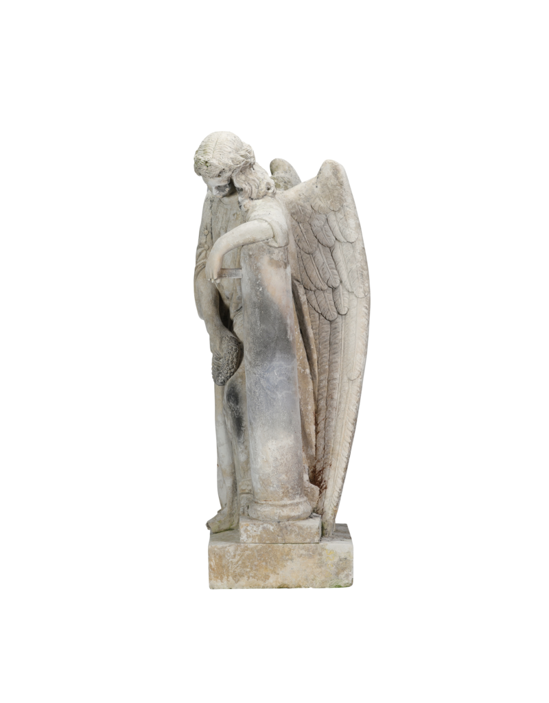 Rare 19th Century Tomb Guardian Mourning Angel Sculpture – Antique Figure Leaning on Stele with Wreath, Symbol of Remembrance & Eternal Rest