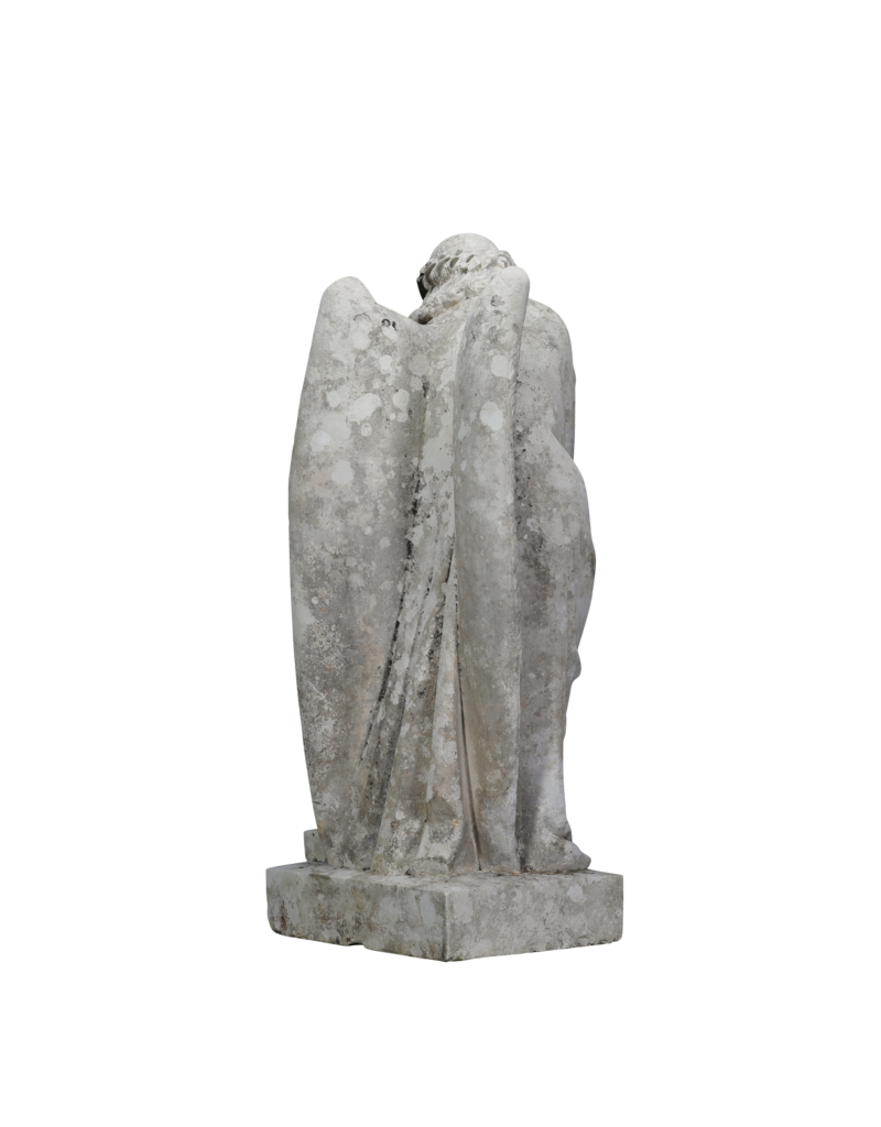 Rare 19th Century Tomb Guardian Mourning Angel Sculpture – Antique Figure Leaning on Stele with Wreath, Symbol of Remembrance & Eternal Rest