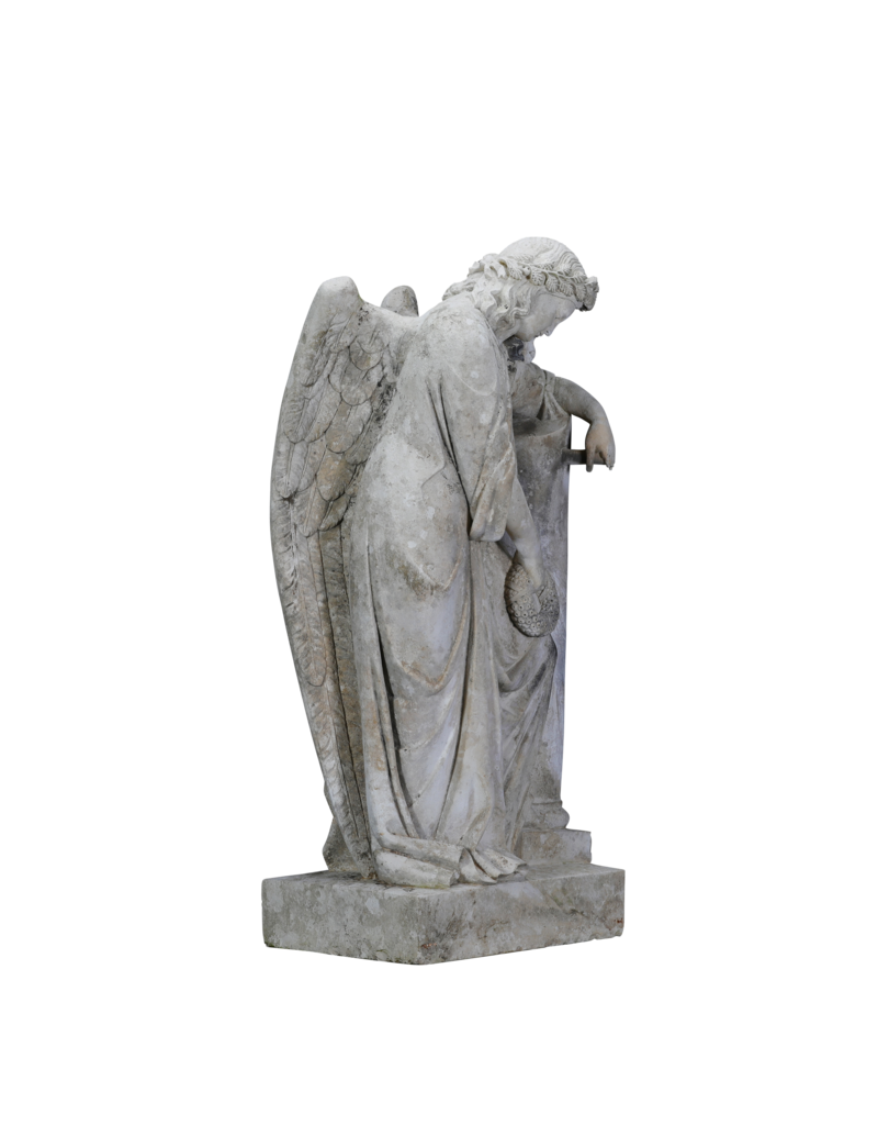 Rare 19th Century Tomb Guardian Mourning Angel Sculpture – Antique Figure Leaning on Stele with Wreath, Symbol of Remembrance & Eternal Rest