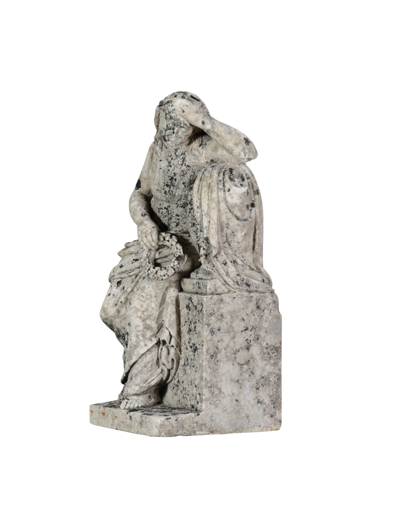 19th Century Antique Limestone Mourning Figure – Grieving Woman Holding a Memorial Wreath, Leaning on a Funerary Urn / Stele – Original Garden & Cemetery Sculpture
