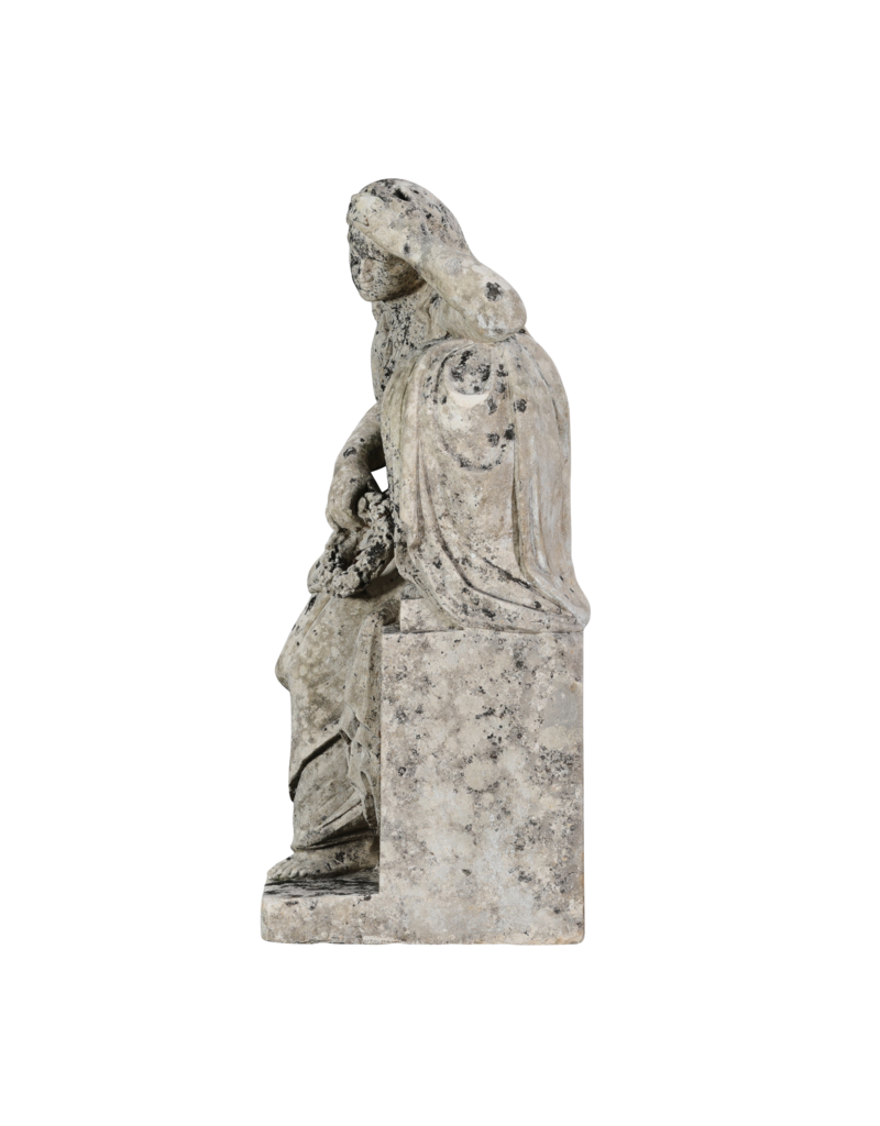 19th Century Antique Limestone Mourning Figure – Grieving Woman Holding a Memorial Wreath, Leaning on a Funerary Urn / Stele – Original Garden & Cemetery Sculpture