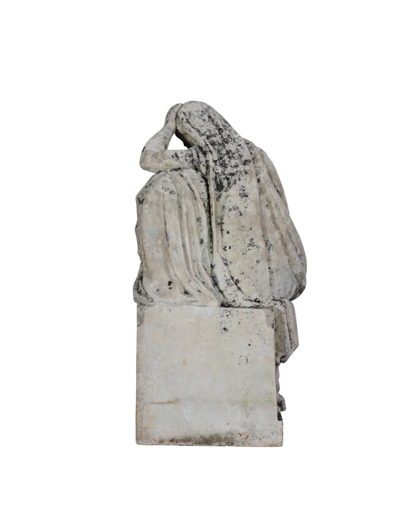 19th Century Antique Limestone Mourning Figure – Grieving Woman Holding a Memorial Wreath, Leaning on a Funerary Urn / Stele – Original Garden & Cemetery Sculpture