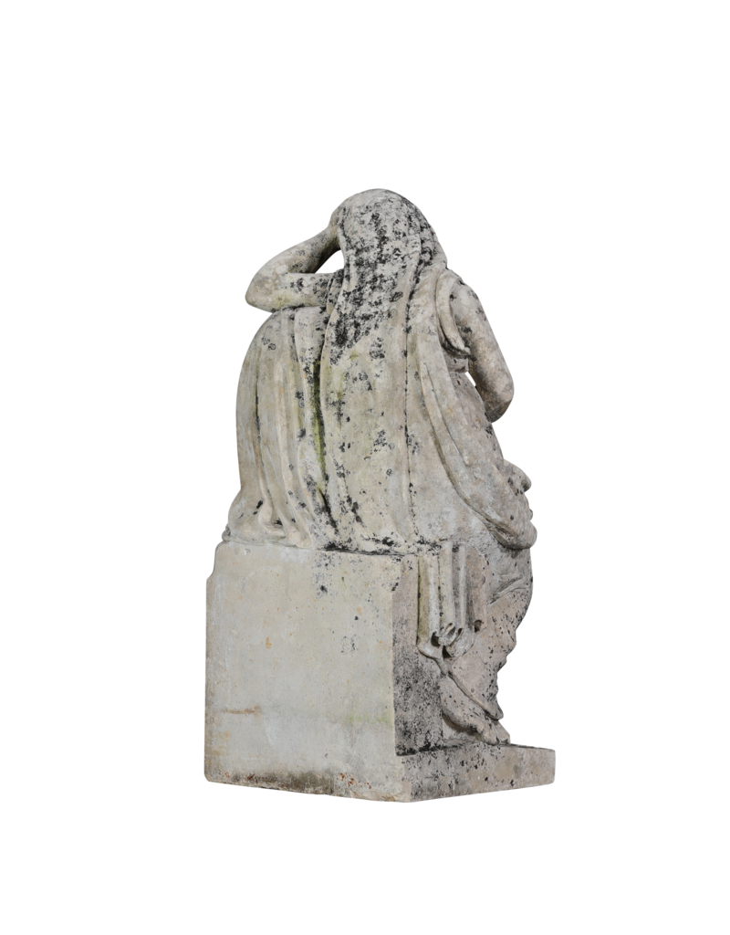 19th Century Antique Limestone Mourning Figure – Grieving Woman Holding a Memorial Wreath, Leaning on a Funerary Urn / Stele – Original Garden & Cemetery Sculpture