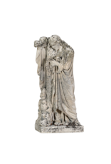 Antike Trauerfigur aus Kalkstein, 19. Jahrhundert – trauernde Frau mit Blumenkranz, an ein Kreuz gelehnt – originale Friedhofs- und Denkmalsskulptur