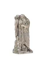 19th Century Antique Limestone Mourning Lady Sculpture – Memorial Cemetery Figure Holding a Floral Wreath, Leaning on a Cross – Original Funerary Monument Statue