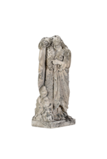 Statue funéraire antique en pierre calcaire, XIXe siècle – femme en deuil avec couronne florale, appuyée sur une croix – sculpture originale de cimetière