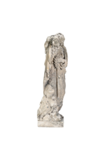 Antike Trauerfigur aus Kalkstein, 19. Jahrhundert – trauernde Frau mit Blumenkranz, an ein Kreuz gelehnt – originale Friedhofs- und Denkmalsskulptur