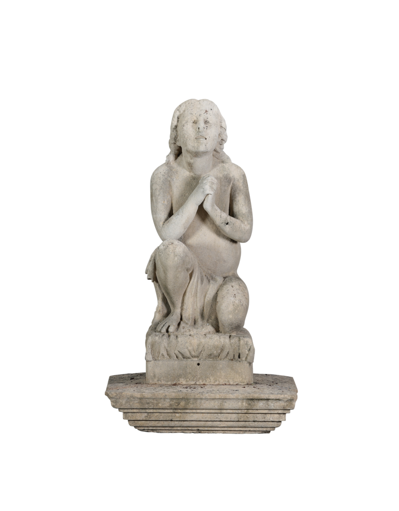 Authentic 19th Century Limestone Kneeling Praying Child – Antique Garden Statue / Fountain Sculpture – Timeless Devotional Figure