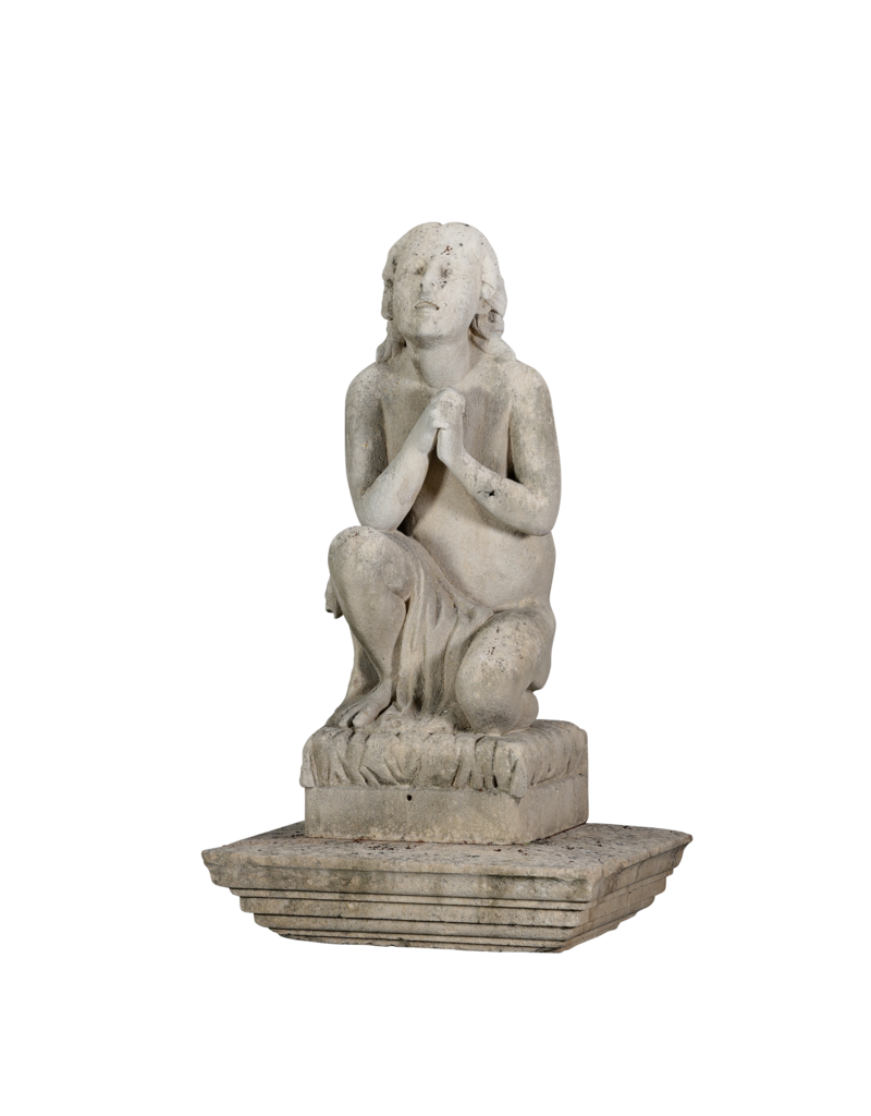 Authentic 19th Century Limestone Kneeling Praying Child – Antique Garden Statue / Fountain Sculpture – Timeless Devotional Figure