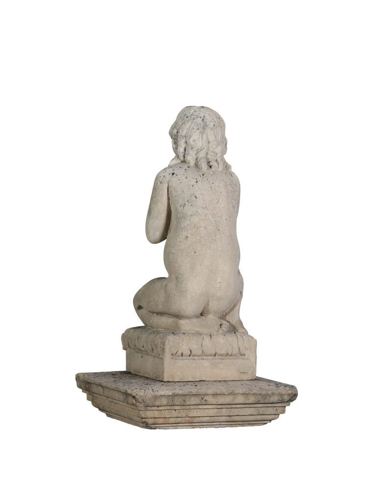 Authentic 19th Century Limestone Kneeling Praying Child – Antique Garden Statue / Fountain Sculpture – Timeless Devotional Figure