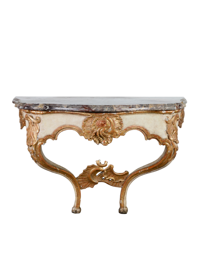 Maison Leon Van den Bogaert Pequeña Consola Francesa de Pared Estilo Régence, Siglo XVIII – Tapa de Mármol tipo Sarancolin