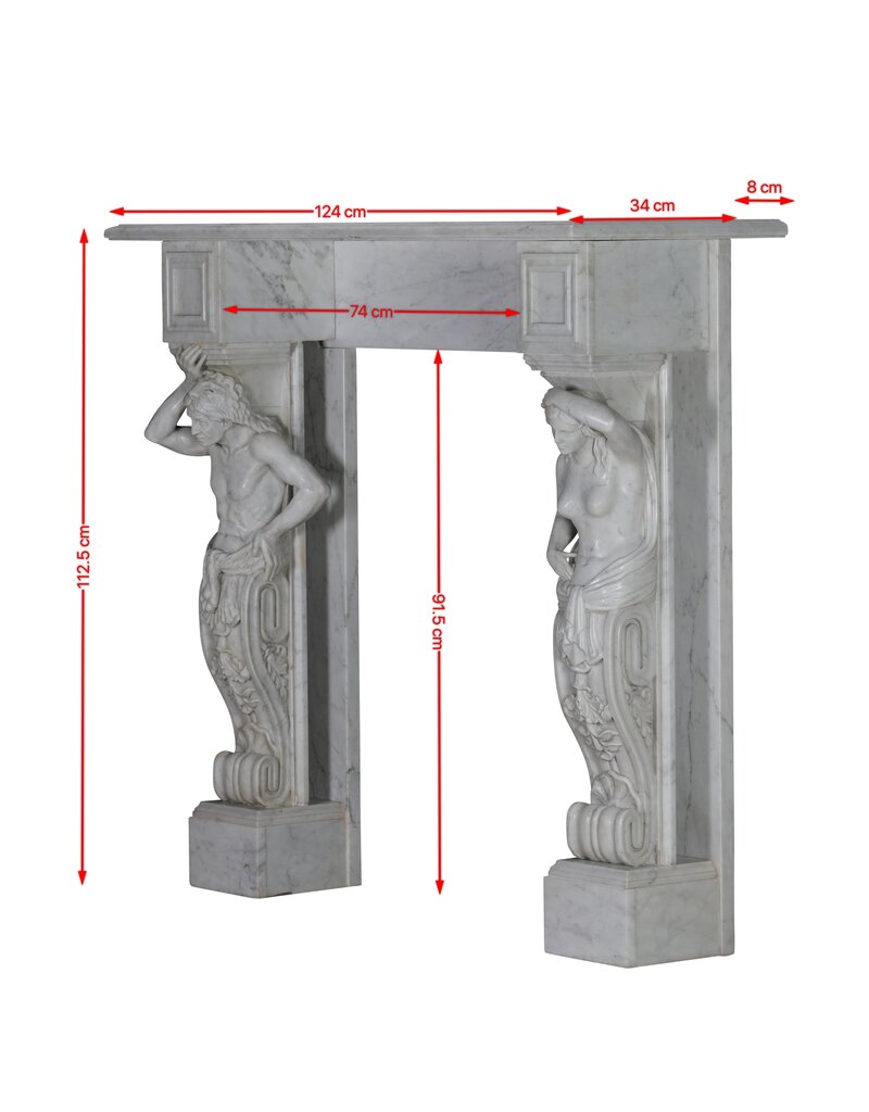 Maison Leon Van den Bogaert Monumental Neo-Classical Fireplace Surround with Sculptural Caryatids in Carrara Marble – Architectural Masterpiece
