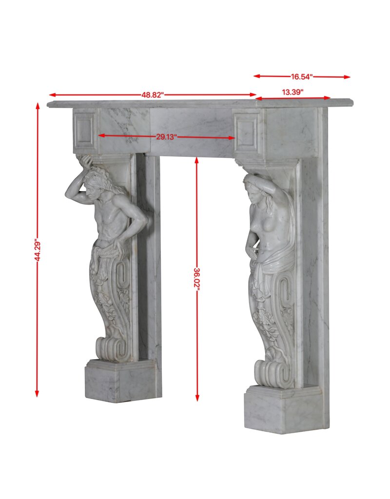 Maison Leon Van den Bogaert Monumentale Neo-Classieke Schouw met Figuratieve Caryatiden in Wit Marmer – Architecturaal Meesterwerk