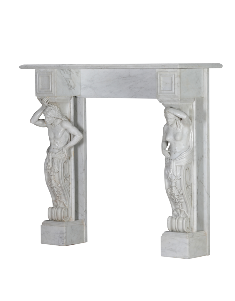 Private-Collection Monumental Neoclassical Fireplace Surround with Sculptural Caryatids in Carrara Marble – Architectural Masterpiece
