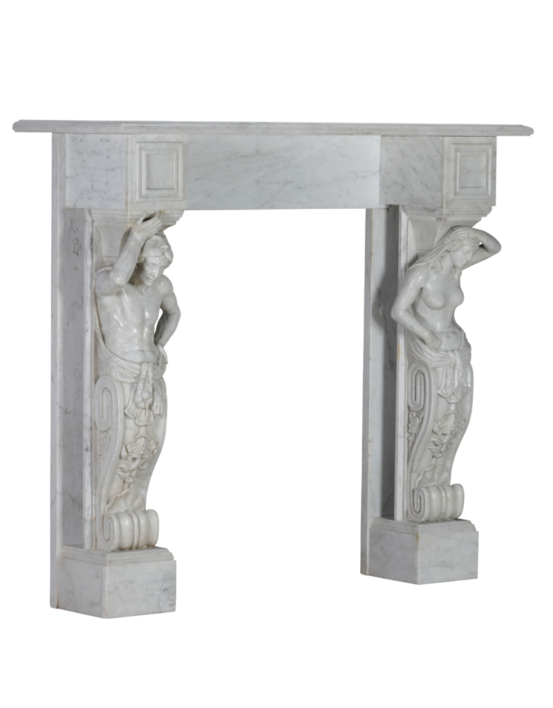 Maison Leon Van den Bogaert Monumentale Neo-Classieke Schouw met Figuratieve Caryatiden in Wit Marmer – Architecturaal Meesterwerk