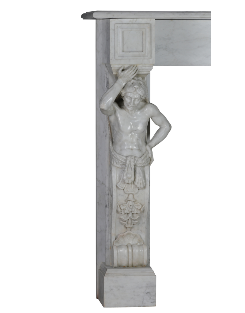 Private-Collection Monumental Neoclassical Fireplace Surround with Sculptural Caryatids in Carrara Marble – Architectural Masterpiece