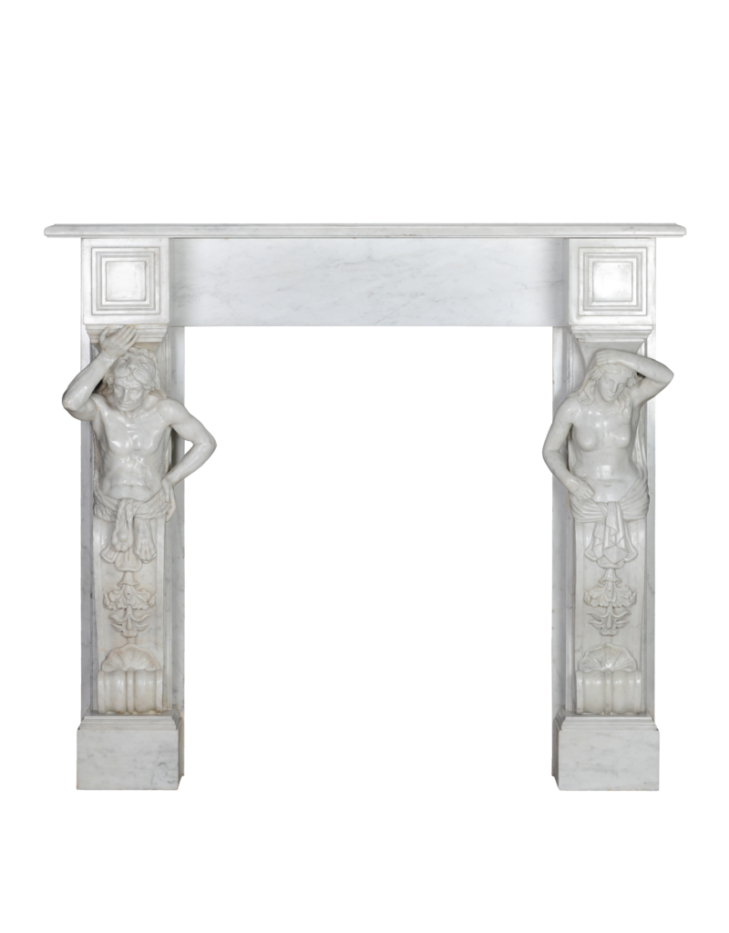 Maison Leon Van den Bogaert Cheminée monumentale néo-classique à caryatides sculptées en marbre blanc