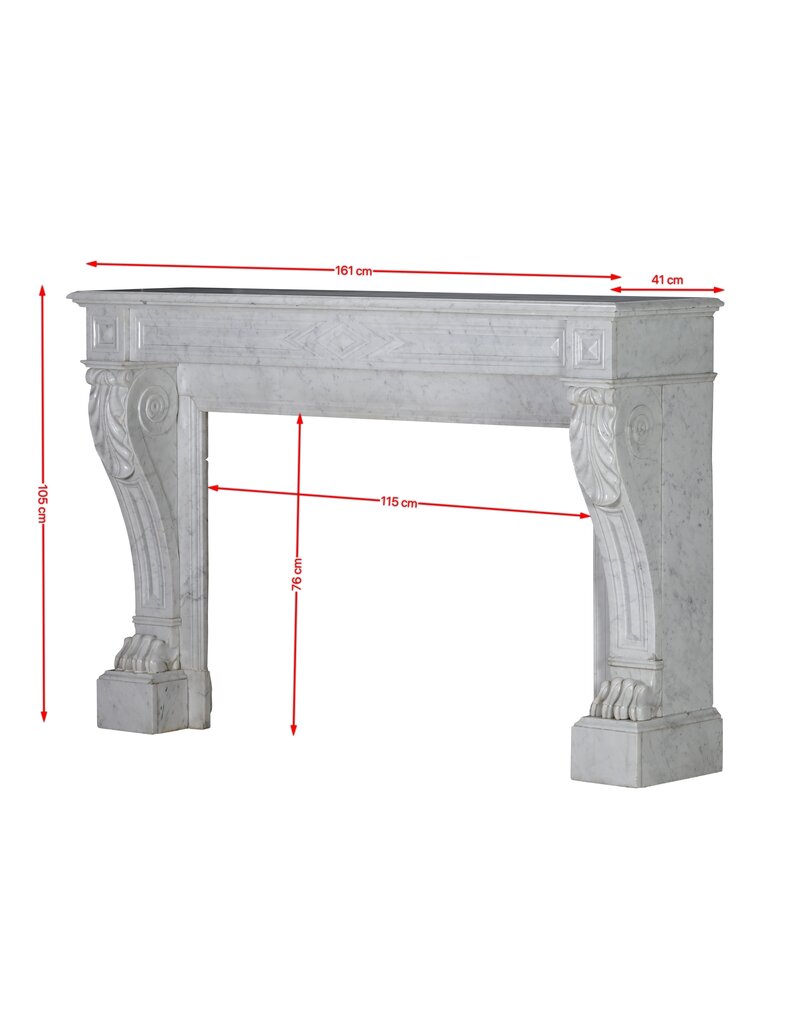 Maison Leon Van den Bogaert Rare 19th Century Antique Fireplace Surround in White Marble with Sculpted Lion Paw Feet – Timeless Neoclassical Elegance