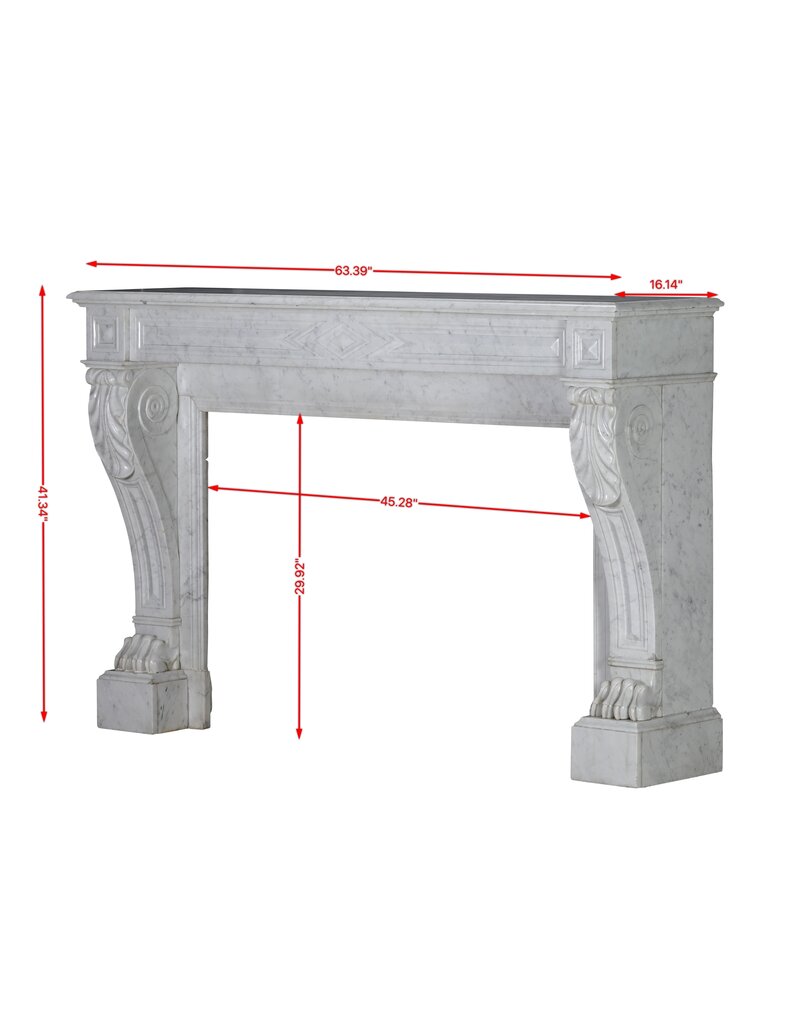 Rare 19th Century Antique Fireplace Surround in White Marble with Sculpted Lion Paw Feet – Timeless Neoclassical Elegance
