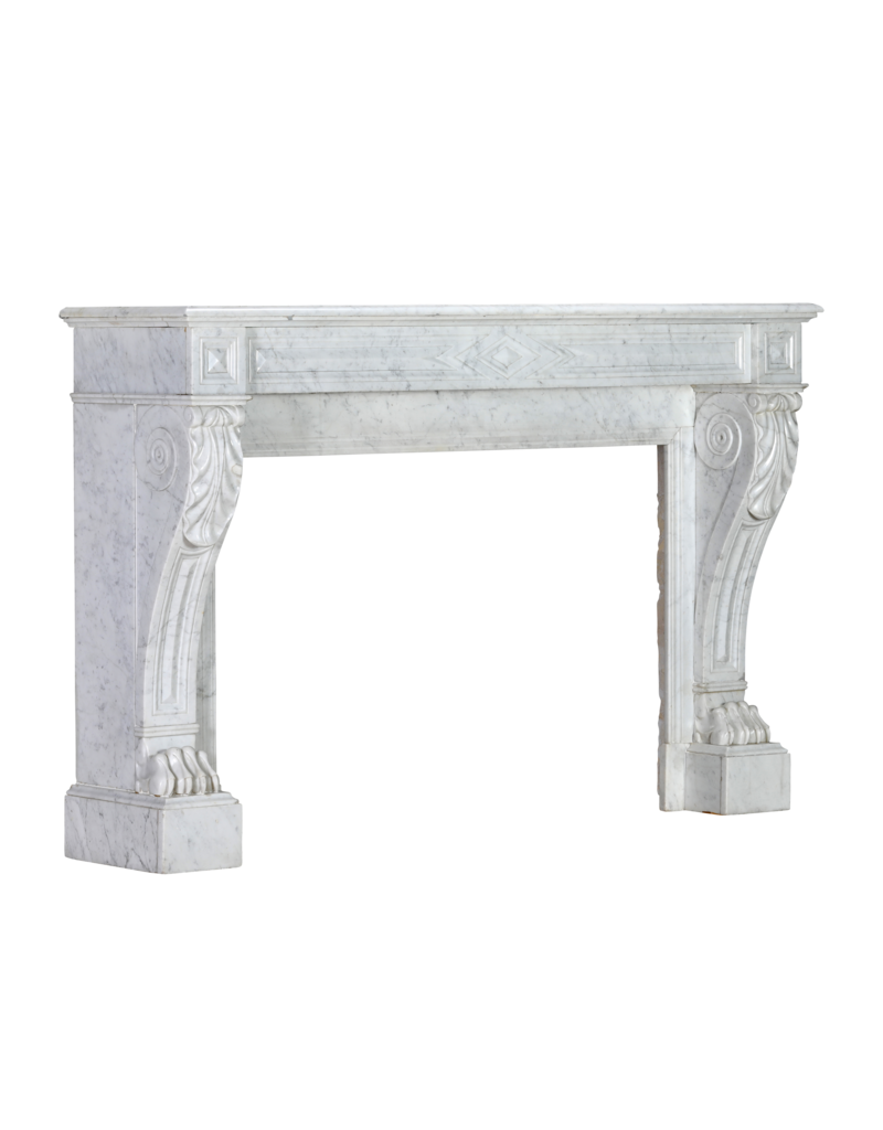 Rare 19th Century Antique Fireplace Surround in White Marble with Sculpted Lion Paw Feet – Timeless Neoclassical Elegance