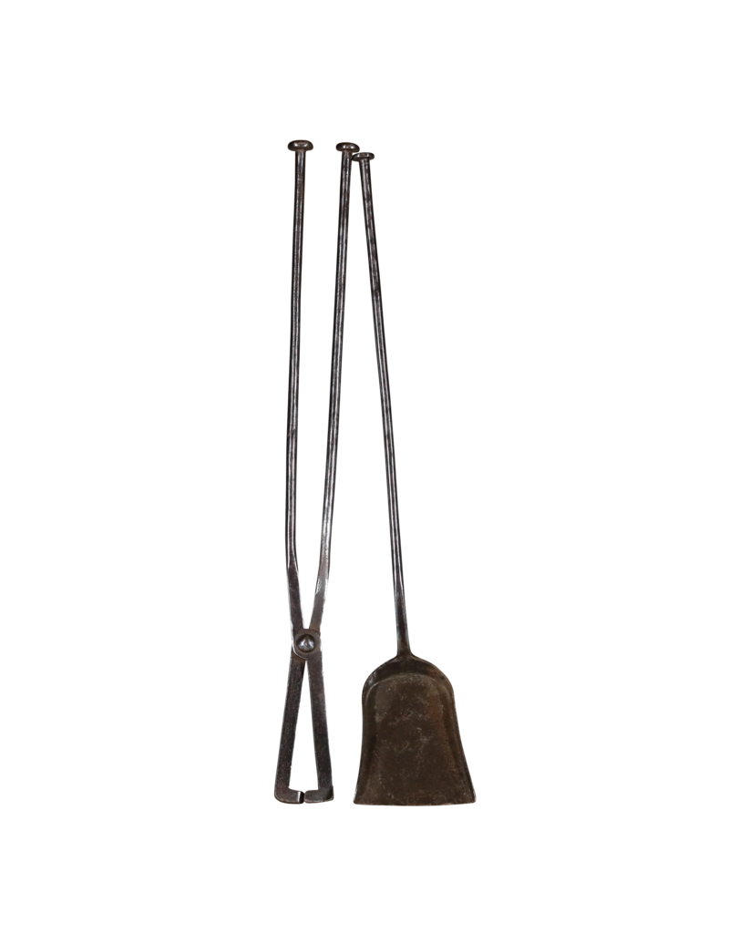Authentic 17th Century Heavy Iron Fireplace Tool Set with Forged Pliers and Large Shovel