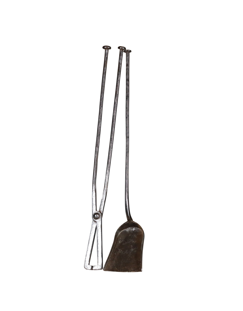 Authentique Servant de Cheminée du XVIIe Siècle en Fer Forgé avec Pince et Grande Pelle