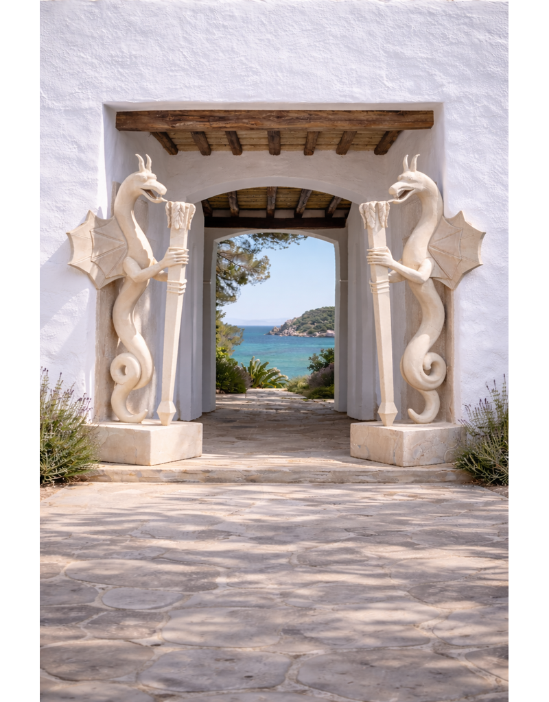 Maison Leon Van den Bogaert Exceptionnelle Paire de Dragons Gardiens Architecturaux de Style Art-Déco en Pierre Naturelle – Sculptures Monumentales