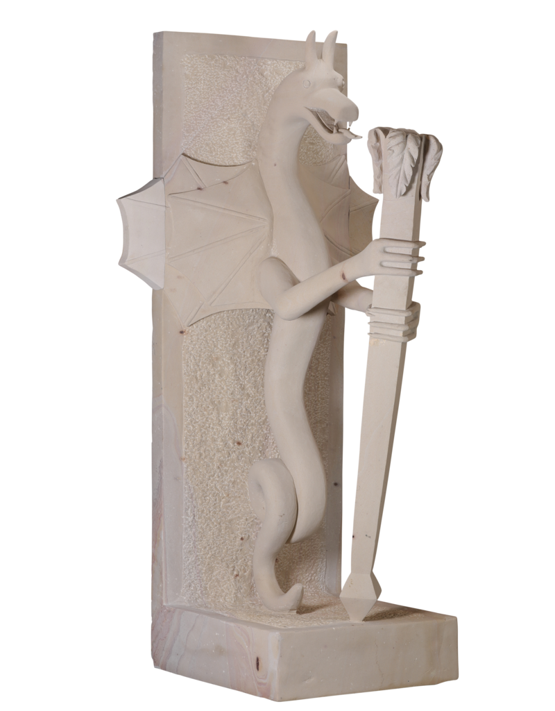 Maison Leon Van den Bogaert Exceptionnelle Paire de Dragons Gardiens Architecturaux de Style Art-Déco en Pierre Naturelle – Sculptures Monumentales