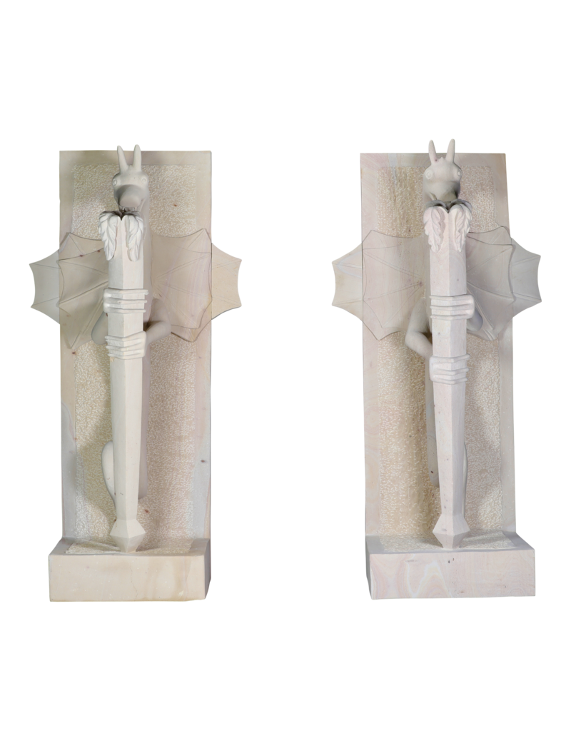 Uitzonderlijk Paar Architecturale Wachterdraken in Art-Déco Stijl Natuursteen – Monumentale Sculpturen voor Luxe Entrees en Tuinen