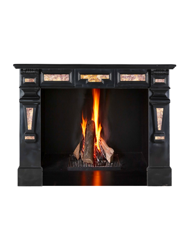 Maison Leon Van den Bogaert 19th Century Antique Fireplace Surround in Black Belgian Marble with Spanish Brocatelle Marble Inlays
