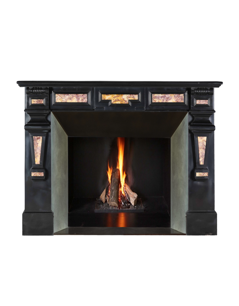 Maison Leon Van den Bogaert 19th Century Antique Fireplace Surround in Black Belgian Marble with Spanish Brocatelle Marble Inlays