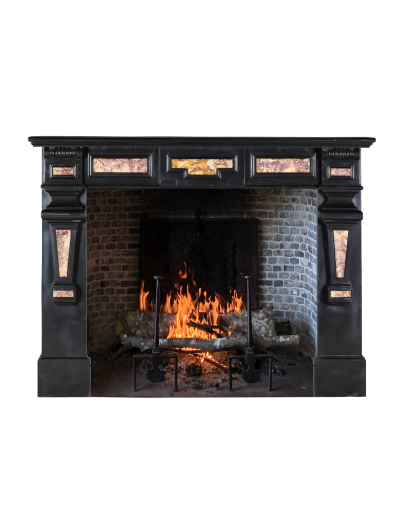 Maison Leon Van den Bogaert 19th Century Antique Fireplace Surround in Black Belgian Marble with Spanish Brocatelle Marble Inlays