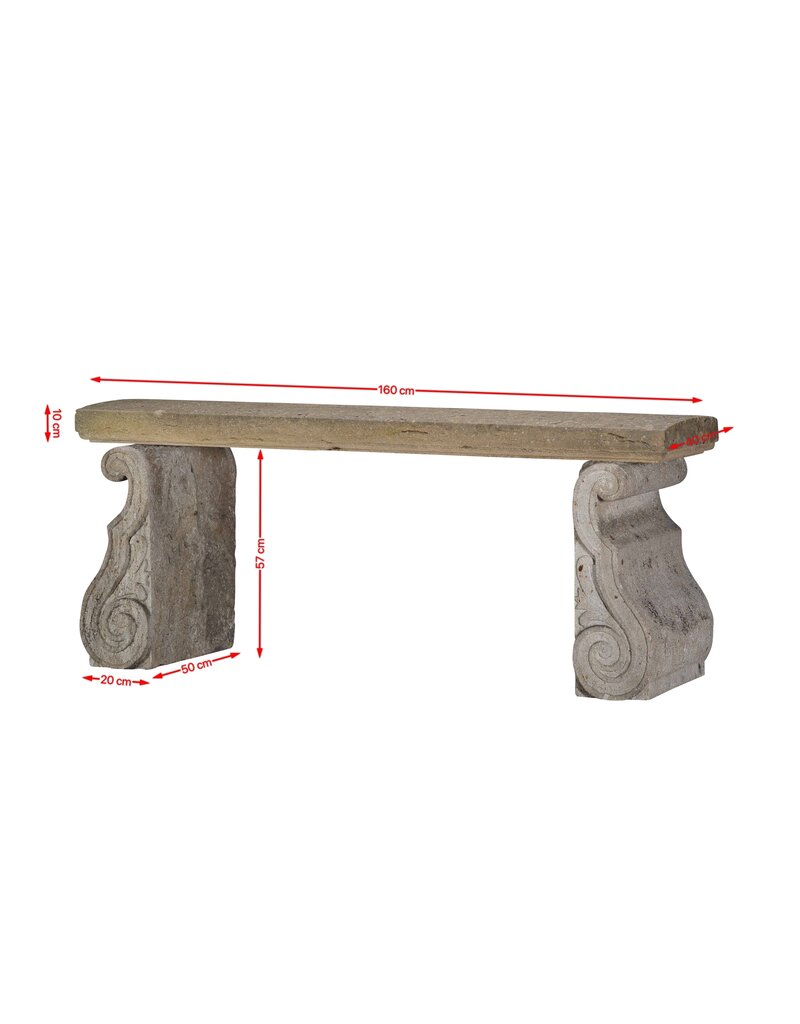 Maison Leon Van den Bogaert Original Antique French Limestone Garden Bench – Architectural Stone Elements with Sculptural Scroll Bases