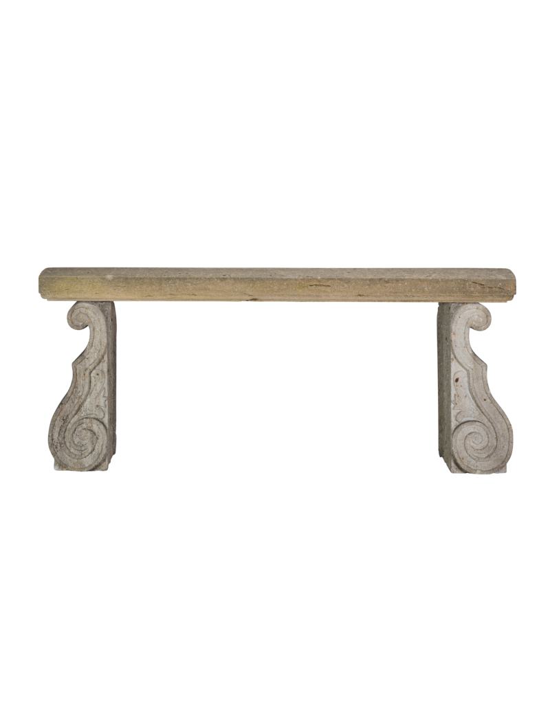 Original Antique French Limestone Garden Bench – Architectural Stone Elements with Sculptural Scroll Bases