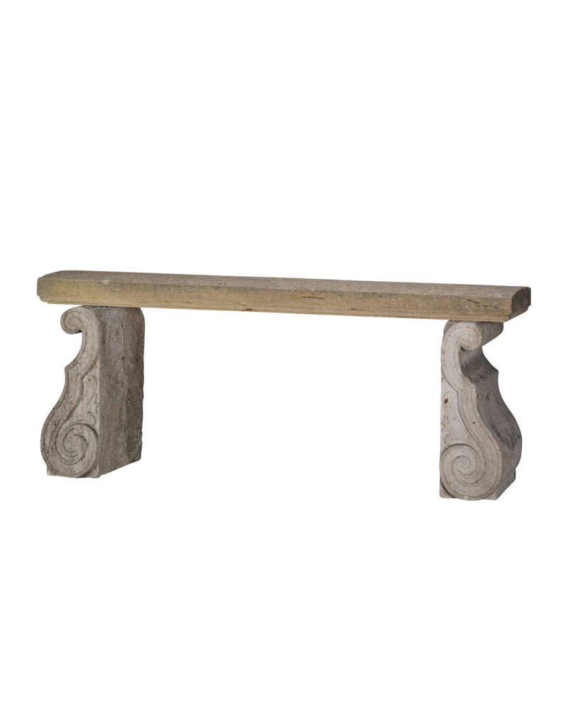 Maison Leon Van den Bogaert Original Antique French Limestone Garden Bench – Architectural Stone Elements with Sculptural Scroll Bases