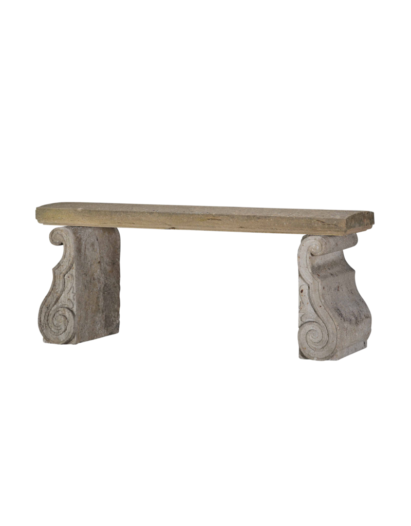 Maison Leon Van den Bogaert Original Antique French Limestone Garden Bench – Architectural Stone Elements with Sculptural Scroll Bases
