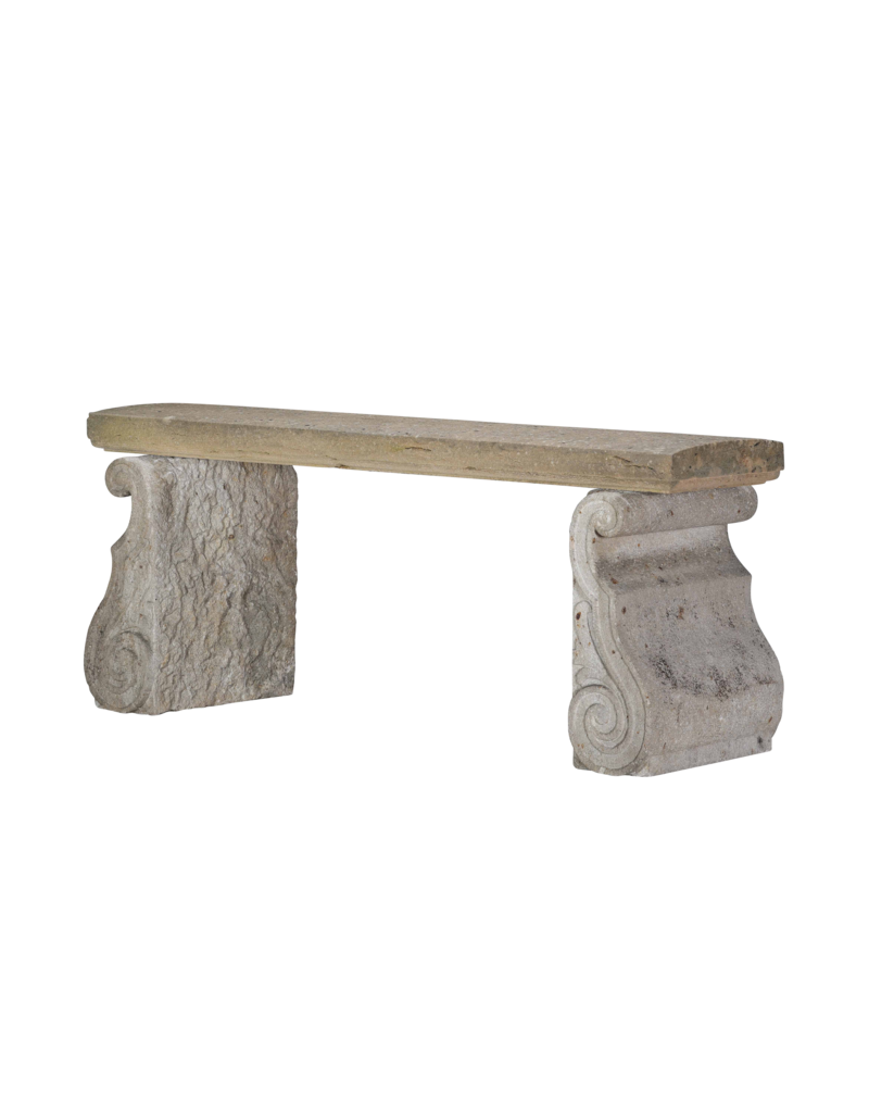 Maison Leon Van den Bogaert Original Antique French Limestone Garden Bench – Architectural Stone Elements with Sculptural Scroll Bases
